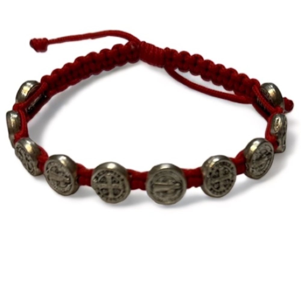 NEW St Benedict Red Bracelet With Silver Medallion Medals Adjustable Closure